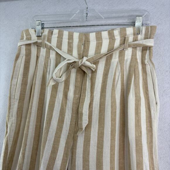 J Crew Womens Sz 6 Tan & White Stripe Linen Blend Paper Bag Waist Wide Leg Pants - Picture 3 of 7